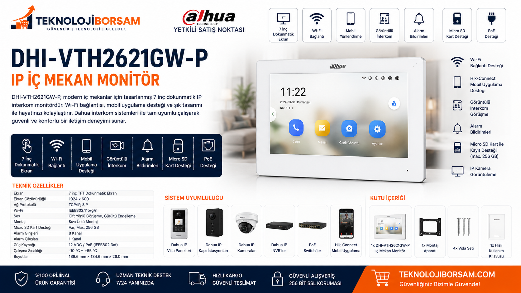 Dahua DHI-VTH2621GW-P Beyaz IP Indoor Monitor | 7" Wi-Fi Görüntülü Diafon Monitörü Özellikleri, Kurulum Rehberi ve Uyumlu Modeller (2026)