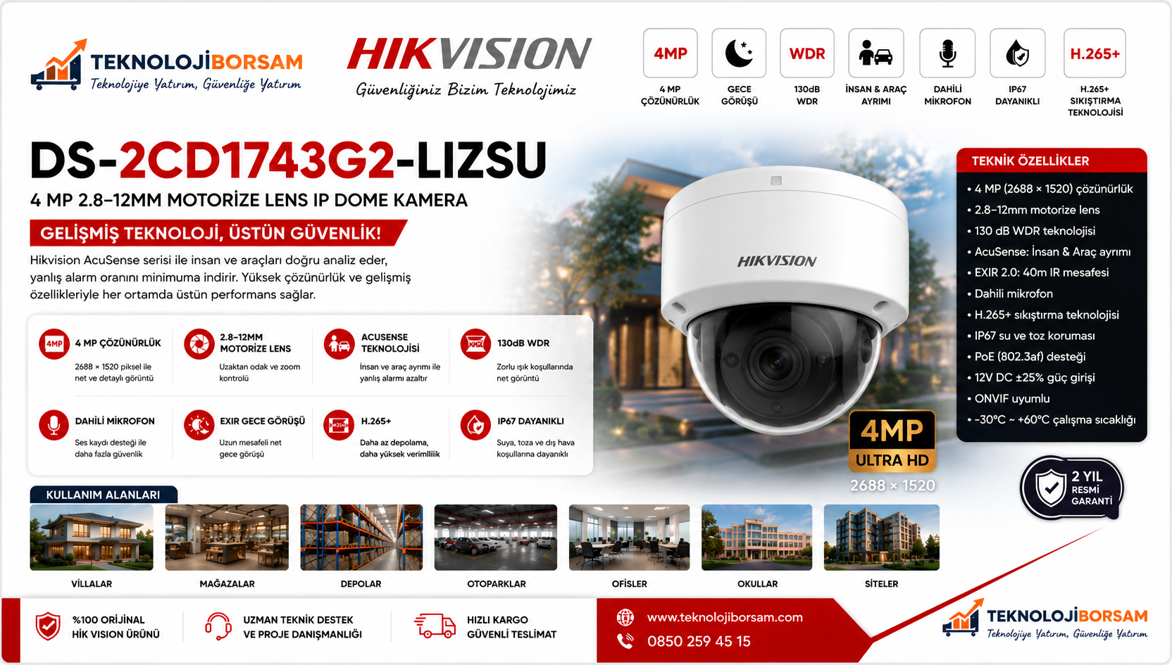 Hikvision DS-2CD1743G2-LIZSU 4 MP Motorize Dome IP Kamera | Smart Hybrid Light, İnsan & Araç Algılama Rehberi (2026)