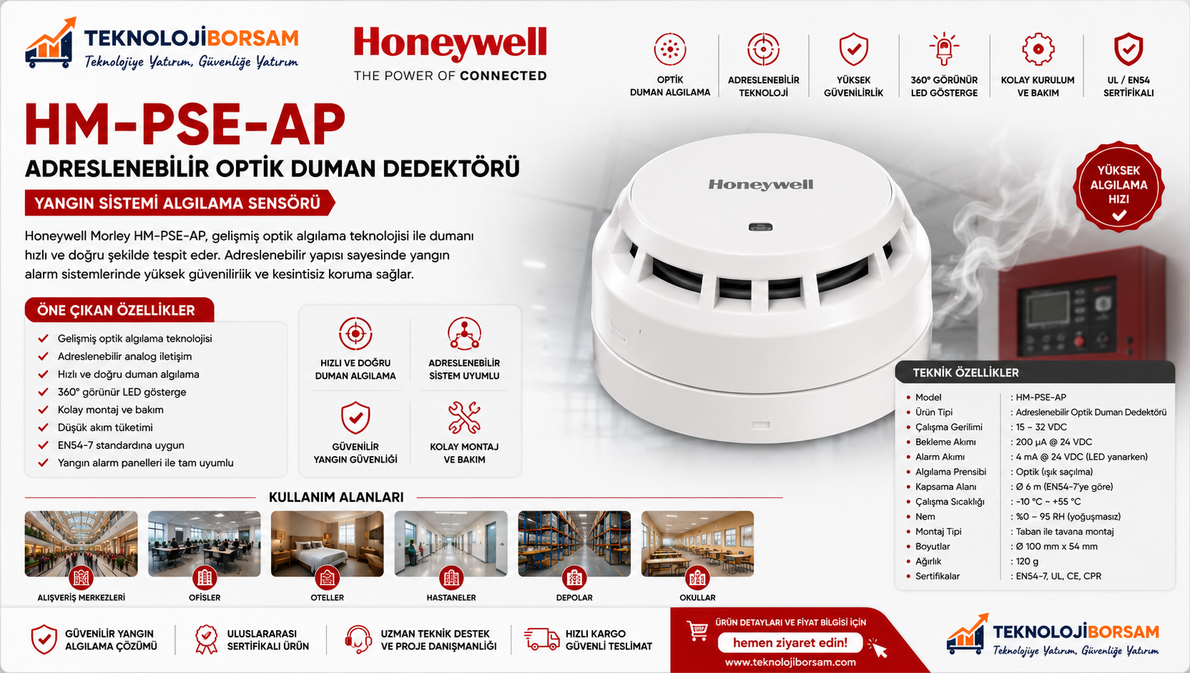 Honeywell Morley HM-PSE-AP Adreslenebilir Optik Duman Dedektörü | EN54-7 Yangın Alarm Sensörü