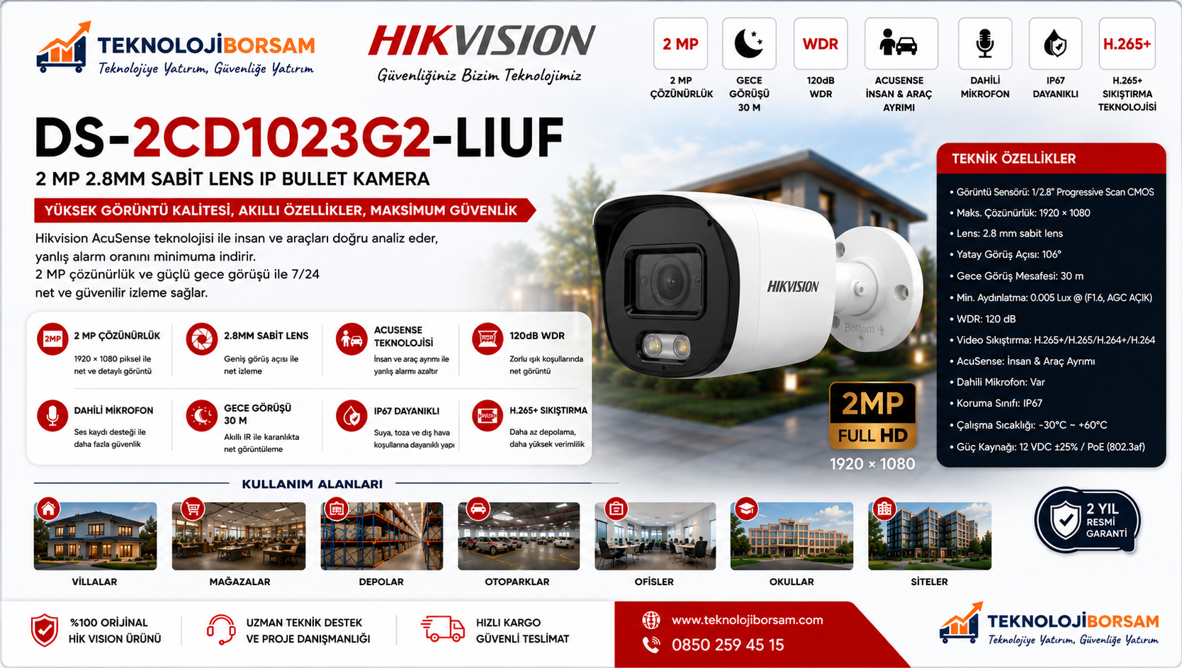 Hikvision DS-2CD1023G2-LIUF 2 MP 2.8 mm IP Kamera | Smart Hybrid Light ve İnsan-Araç Algılama