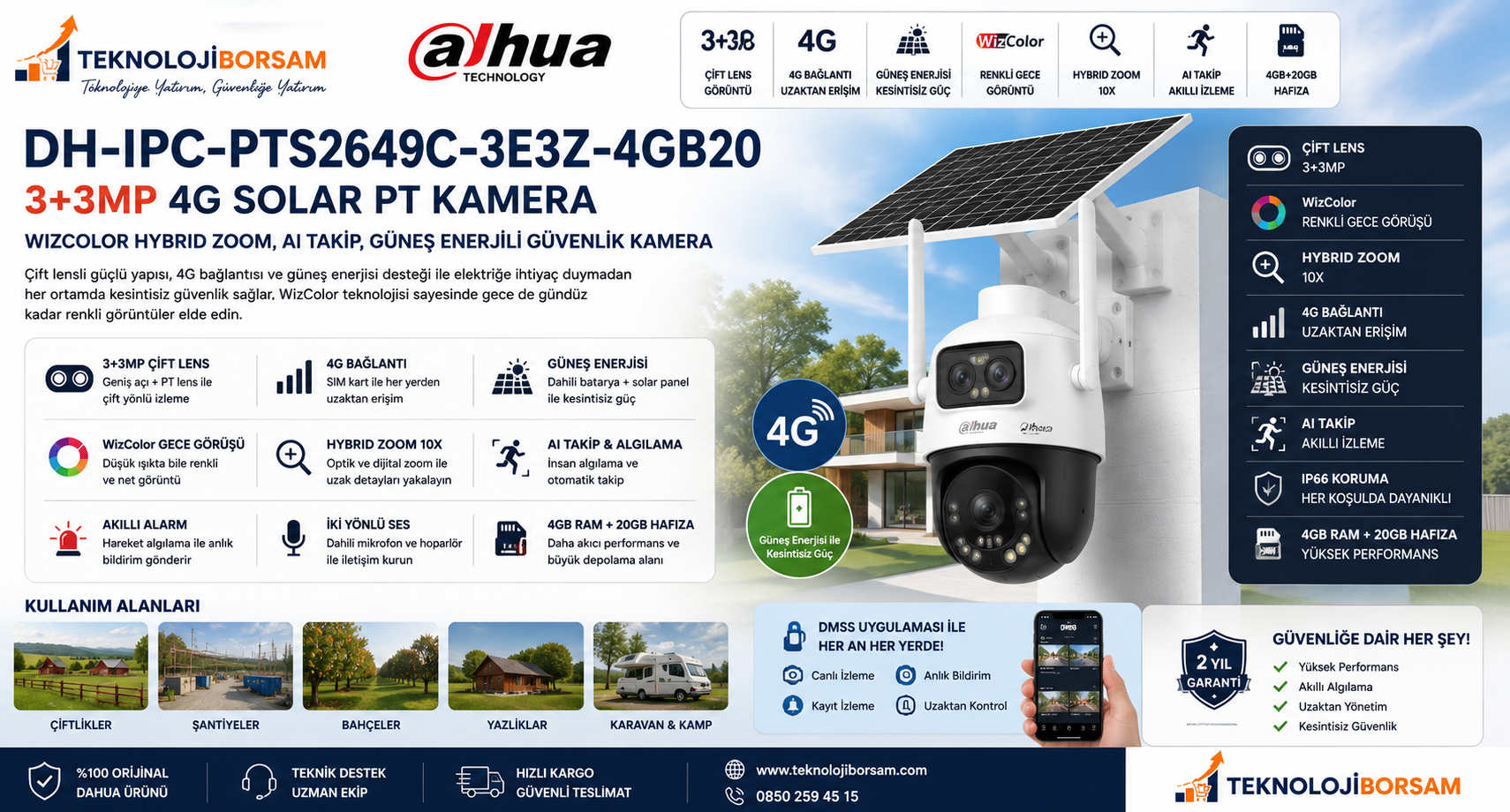 Dahua DH-IPC-PTS2649C-3E3Z-4GB20 3+3MP 4G Solar PT Kamera | WizColor Hybrid Zoom, AI Takip ve Kurulum Rehberi (2026)