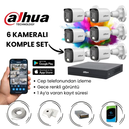 Dahua 6 Kameralı Gece Renkli Görüşlü Full HD AHD Güvenlik Kamera Seti – DVR Kayıt Cihazı Dahil CCTV Kamera Sistemi