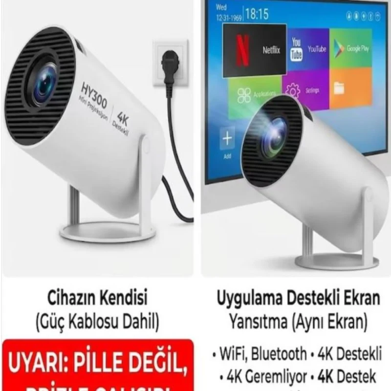 HY300 Mini Projeksiyon 4K Destekli – Android WiFi Bluetooth Taşınabilir Projektör-2