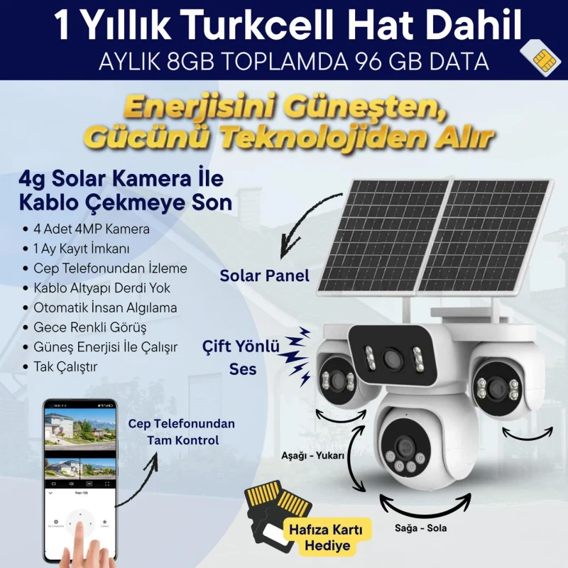 4G SİM KART DESTEKLİ 4 KAMERALI 16MP SOLAR KAMERA (TURKCELL AYLIK 8GB KOTALI, 12 AY GEÇERLİ SİM KART DAHİL)-1