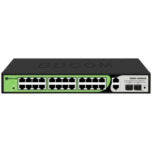 BDCOM S1500-24P2G2S-370W 24 Port Gigabit PoE Yönetilebilir Switch, 2 Gigabit RJ45 + 2 SFP Uplink, 370W PoE Bütçesi