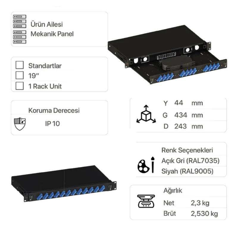 EratSlide 1U 19” 12 Port SC Duplex Rack Tipi Fiber Patch Panel – Boş Kasa-2