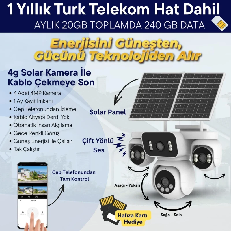 4G SİM KART DESTEKLİ 4 KAMERALI 16MP SOLAR KAMERA (TÜRK TELEKOM AYLIK 20GB KOTALI, 12 AY GEÇERLİ SİM KART DAHİL)-1