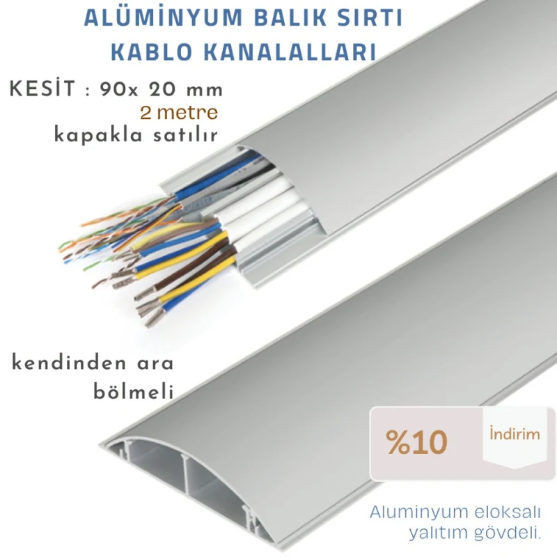 90x20 Aluminyum Balık Sırtı Kablo Kanalı - 2METRE-1