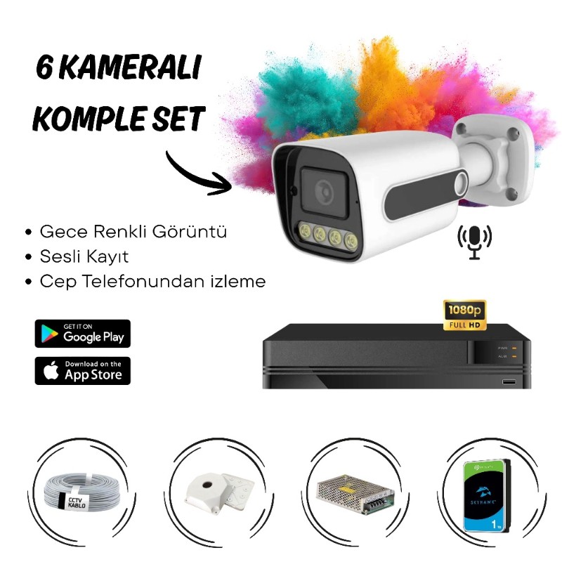 6’lı Full HD AHD Güvenlik Kamera Sistemi Cepten İzleme – Gece Renkli & Sesli Set-1