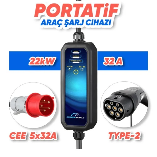 CMP22 Basic Taşınabilir Şarj Cihazı – 22kW, 5m Type2 Kablolu, 220V Dönüştürücü Hediyeli