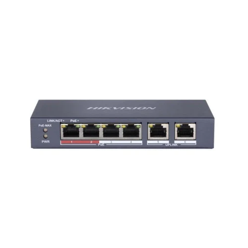 Hikvision DS-3E0106P-E/M 6 Port Fast Ethernet Yönetilemez PoE Switch (4×PoE + 2×Uplink, 35W PoE Bütçesi, 300 m Extend Modu)