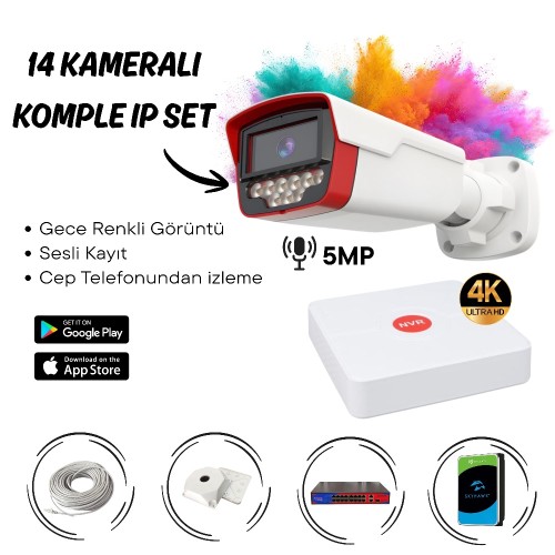 14’lü 5 Mp IP Güvenlik Kamera Sistemi Cepten İzleme – Gece Renkli & Sesli Set