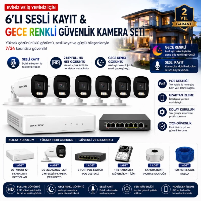 Hikvision 6'lı IP Kamera Güvenlik Seti (DS-7108NI-Q1 + 6 Adet DS-2CD1021G2-LIUF + 1 TB HDD + 8 Port PoE Switch)-1