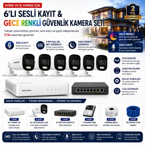 Hikvision 6'lı IP Kamera Güvenlik Seti (DS-7108NI-Q1 + 6 Adet DS-2CD1021G2-LIUF + 1 TB HDD + 8 Port PoE Switch)