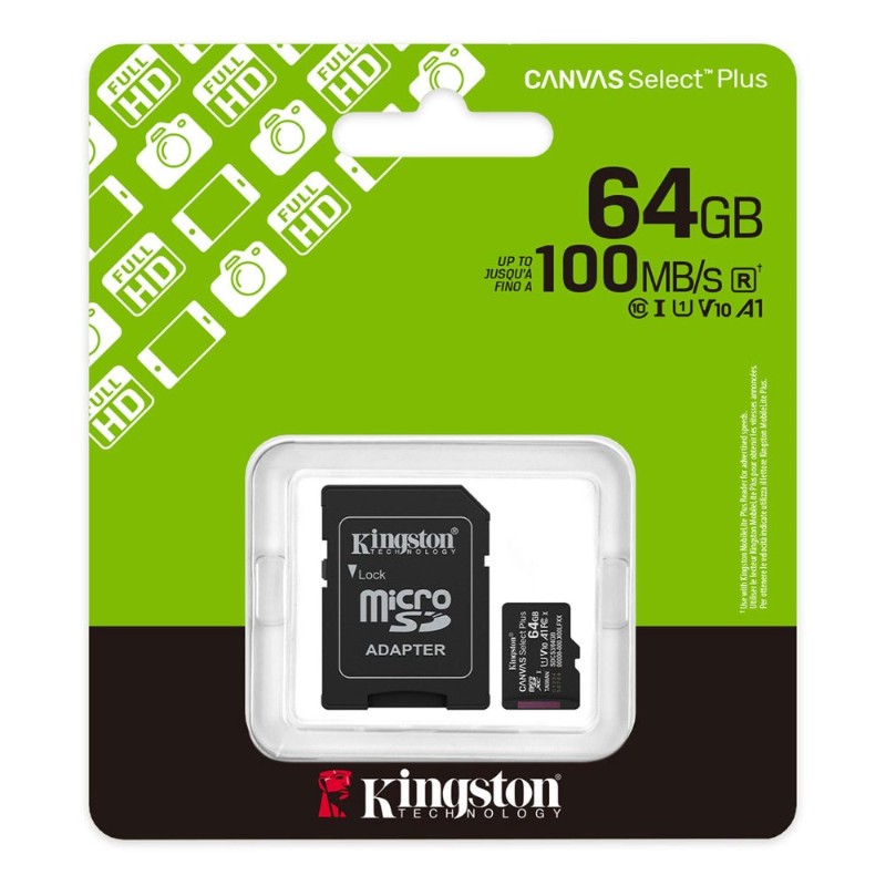 KINGSTON 64GB Canvas Select Plus MicroSDXC Class 10 Gen3 100MB/s A1 Card + Adaptör-1