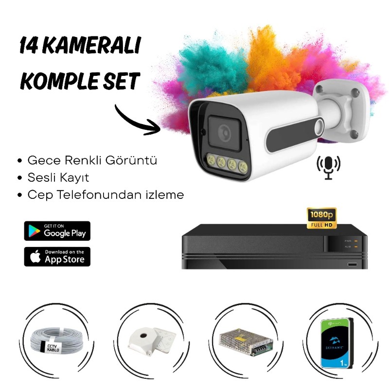 14’lü Full HD AHD Güvenlik Kamera Sistemi Cepten İzleme – Gece Renkli & Sesli Set-1