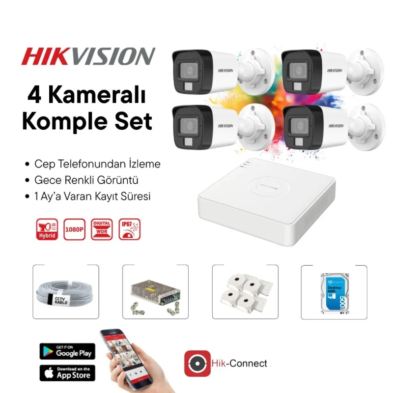 Hikvision 4 Kameralı Full HD Gece Renkli Görüşlü AHD Güvenlik Kamera Seti-1