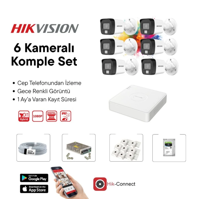 Hikvision 6 Kameralı Gece Renkli Görüşlü Full HD AHD Güvenlik Kamera Seti – DVR Kayıt Cihazı Dahil CCTV Kamera Sistemi-1
