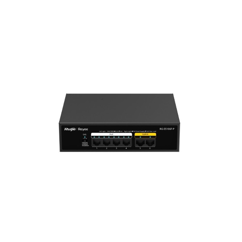 RUIJIE REYEE RG-ES106F-P 6 PORT 10/100 4 PORT POE 2 PORT UPLINK 54W YONETILEMEZ DESKTOP SWITCH-1