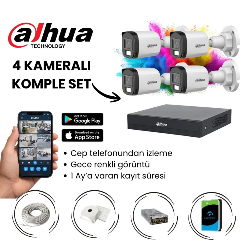 DAHUA 4 Kameralı Full HD Gece Renkli Görüşlü AHD Güvenlik Kamera Seti-1