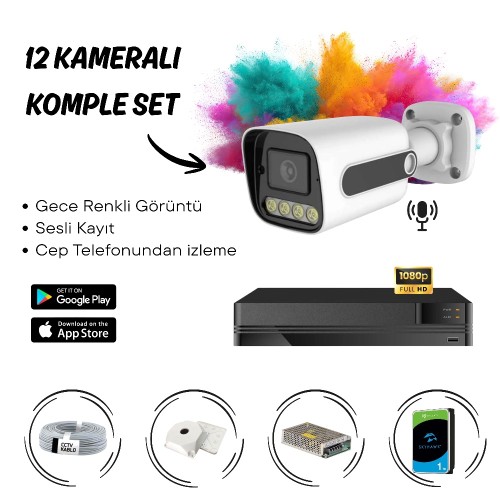 12’li Full HD AHD Güvenlik Kamera Sistemi Cepten İzleme – Gece Renkli & Sesli Set