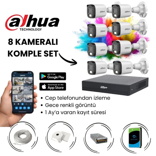 Dahua 8 Kameralı Gece Renkli Görüşlü Full HD AHD Güvenlik Kamera Seti – DVR Kayıt Cihazlı CCTV Kamera Sistemi