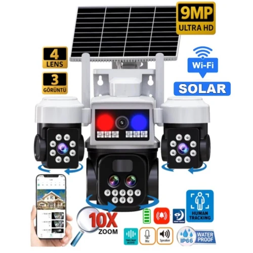 8095 9MP Wifi Solar 3 Kameralı Kablosuz Güneş Enerjili Güvenlik Kamerası 10X Optik Zoom