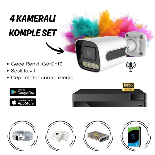 4’lü Full HD AHD Güvenlik Kamera Sistemi Cepten İzleme – Gece Renkli & Sesli Set