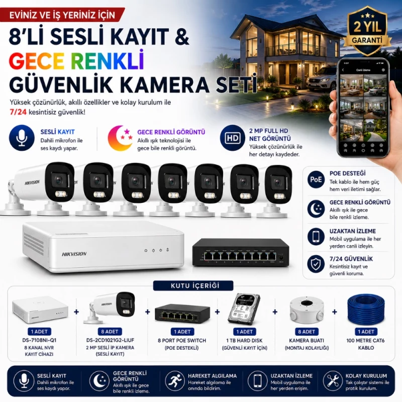 Hikvision 8'li IP Kamera Güvenlik Seti (DS-7108NI-Q1 + 8 Adet DS-2CD1021G2-LIUF + 1 TB HDD + 8 Port PoE Switch)-1