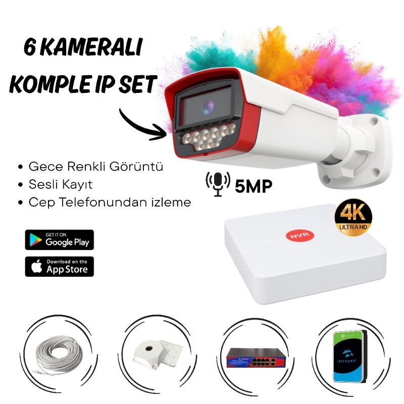 6’lı 5 Mp IP Güvenlik Kamera Sistemi Cepten İzleme – Gece Renkli & Sesli Set-1