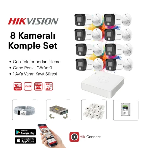 Hikvision 8 Kameralı Gece Renkli Görüşlü Full HD AHD Güvenlik Kamera Seti – DVR Kayıt Cihazlı CCTV Kamera Sistemi