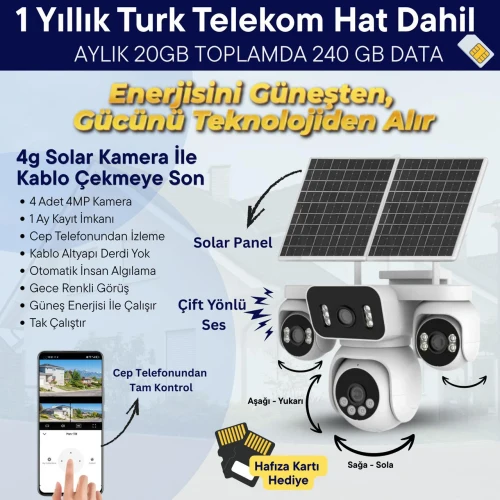 4G SİM KART DESTEKLİ 4 KAMERALI 16MP SOLAR KAMERA (TÜRK TELEKOM AYLIK 20GB KOTALI, 12 AY GEÇERLİ SİM KART DAHİL)
