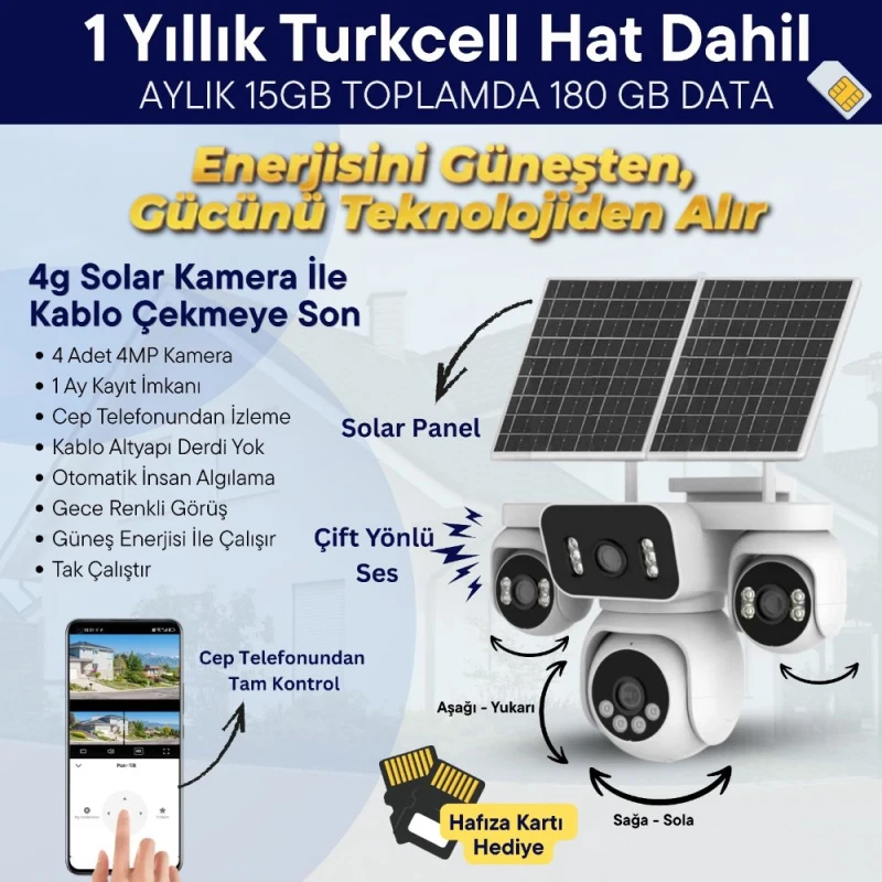4G SİM KART DESTEKLİ 4 KAMERALI 16MP SOLAR KAMERA (TURKCELL AYLIK 15GB KOTALI, 12 AY GEÇERLİ SİM KART DAHİL) HAFIZA KARTI HEDİYELİ-1