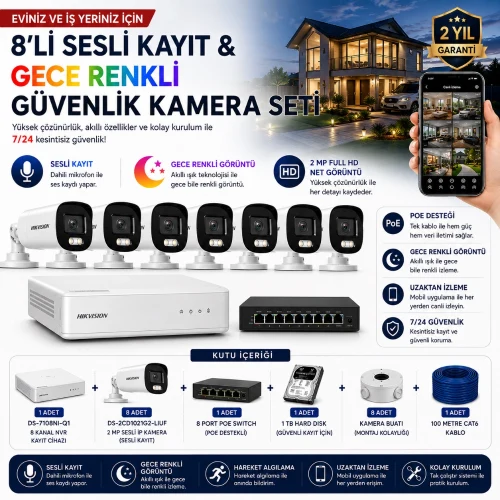 Hikvision 8'li IP Kamera Güvenlik Seti (DS-7108NI-Q1 + 8 Adet DS-2CD1021G2-LIUF + 1 TB HDD + 8 Port PoE Switch)