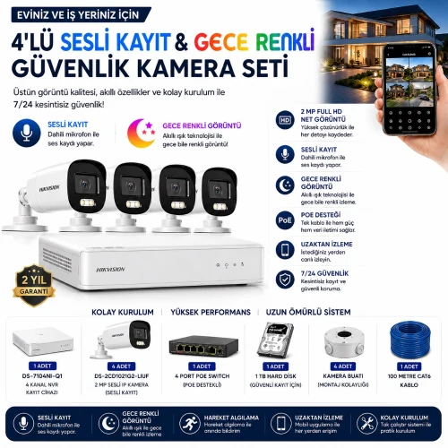 Hikvision 4'lü IP Kamera Seti | (4xDS-2CD1021G2-LIUF + DS-7104NI-Q1 + 1TB HDD)