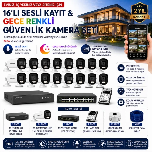 Hikvision 16'lı IP Kamera Güvenlik Seti (Hikvision 16'lı IP Kamera Seti | 16xDS-2CD1021G2-LIUF + DS-7616NI-Q1 + 2TB HDD)